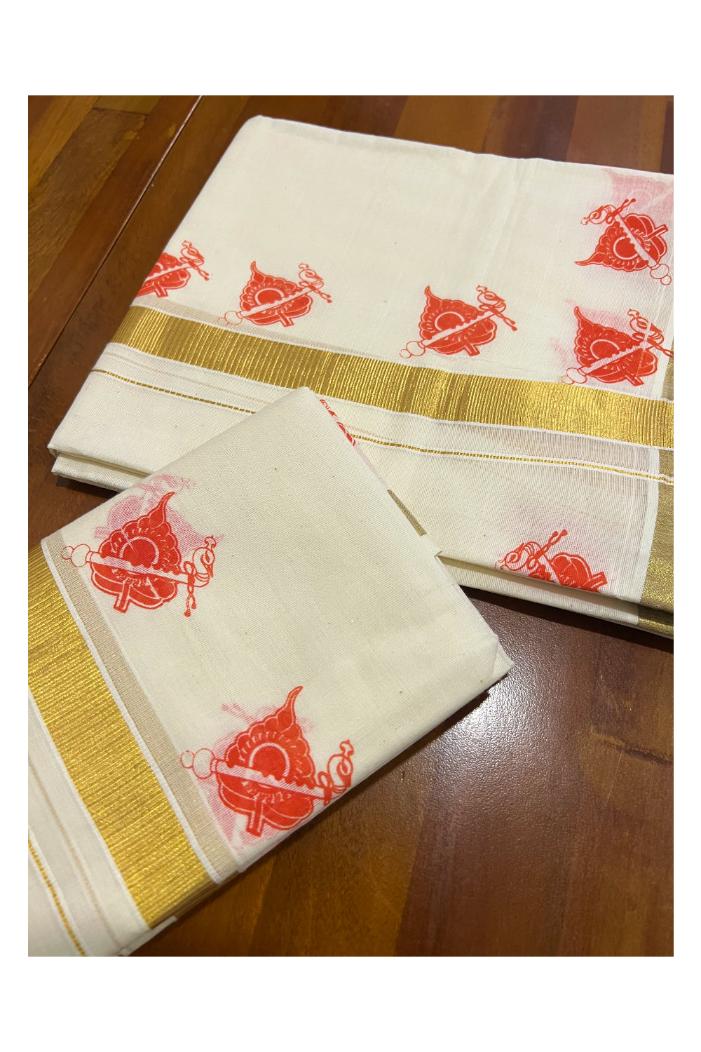 Kerala Cotton Kasavu Set Mundu (Mundum Neriyathum) with Orange Block Prints