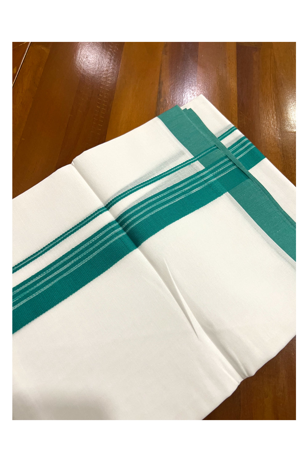 Pure White Cotton Double Mundu with Green Border (South Indian Dhoti)