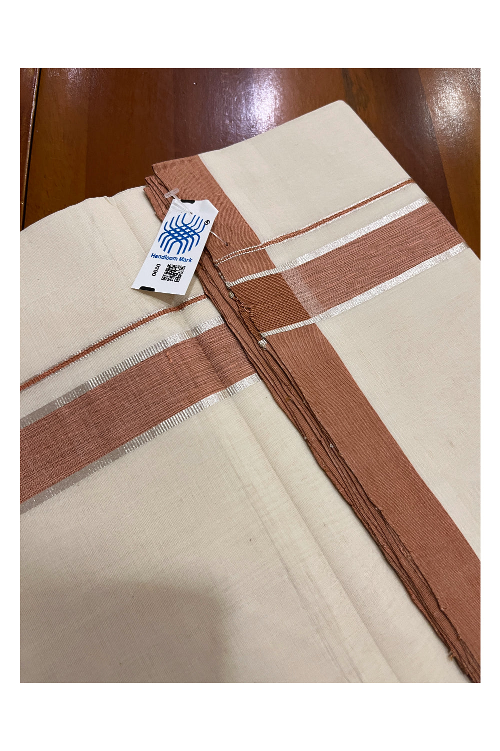 Southloom Premium Unakkupaavu Handloom Mundu with Silver Kasavu and Brick Red Border (South Indian Kerala Dhoti)