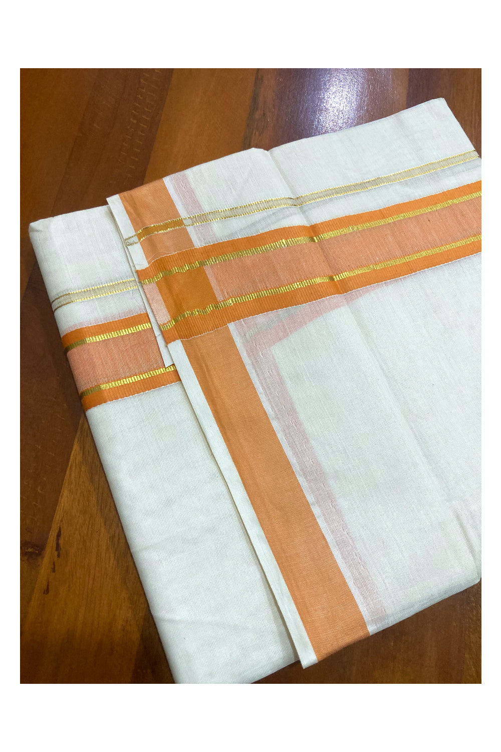 Off White Pure Cotton Double Mundu with Kasavu and Orange Border (South Indian Dhoti)