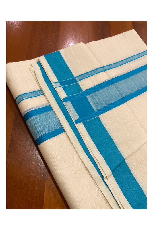 Off White Pure Cotton Double Mundu with Blue Border (South Indian Kerala Dhoti)