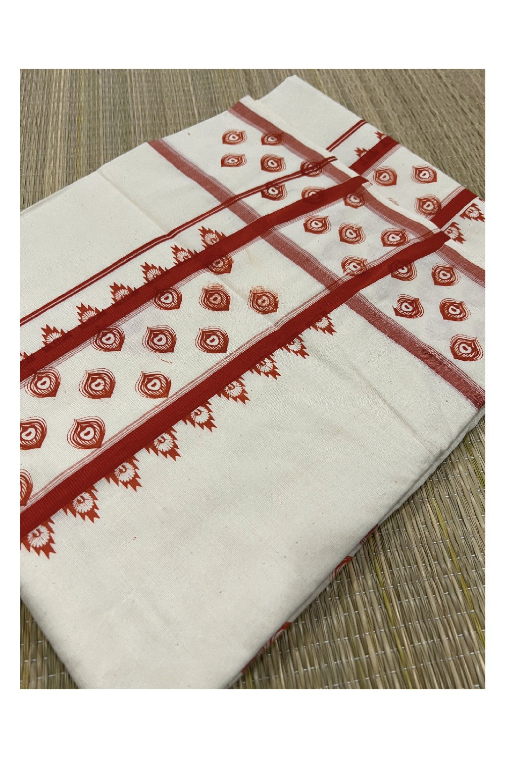 Pure Cotton Off White Kerala Saree with Dark Orange Block Print Border