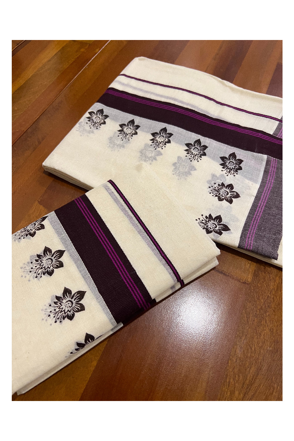 Pure Cotton Set Mundu (Mundum Neriyathum) with Dark Purple Floral Block Prints and Magenta Lines on Border