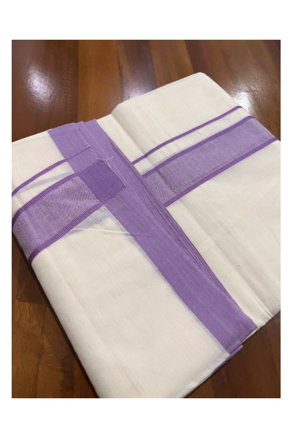 Off White Pure Cotton Double Mundu with Violet Kara (South Indian Dhoti)