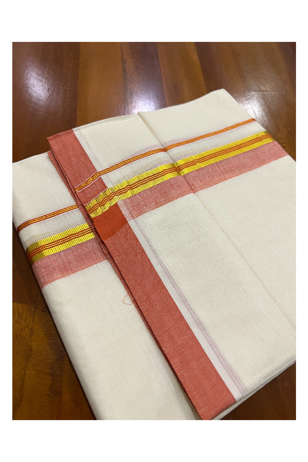 Pure Cotton Off White Double Mundu with Orange and Kasavu Border (South Indian Dhoti)