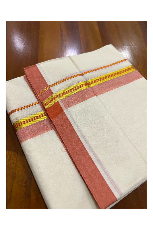 Pure Cotton Off White Double Mundu with Orange and Kasavu Border (South Indian Dhoti)