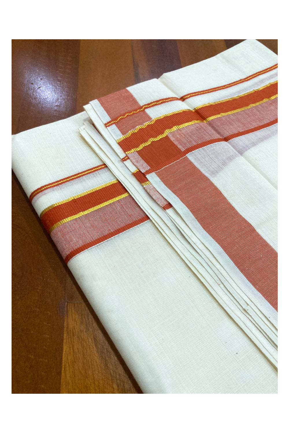 Pure Cotton Off White Double Mundu with Orange and Kasavu Border (South Indian Kerala Dhoti)