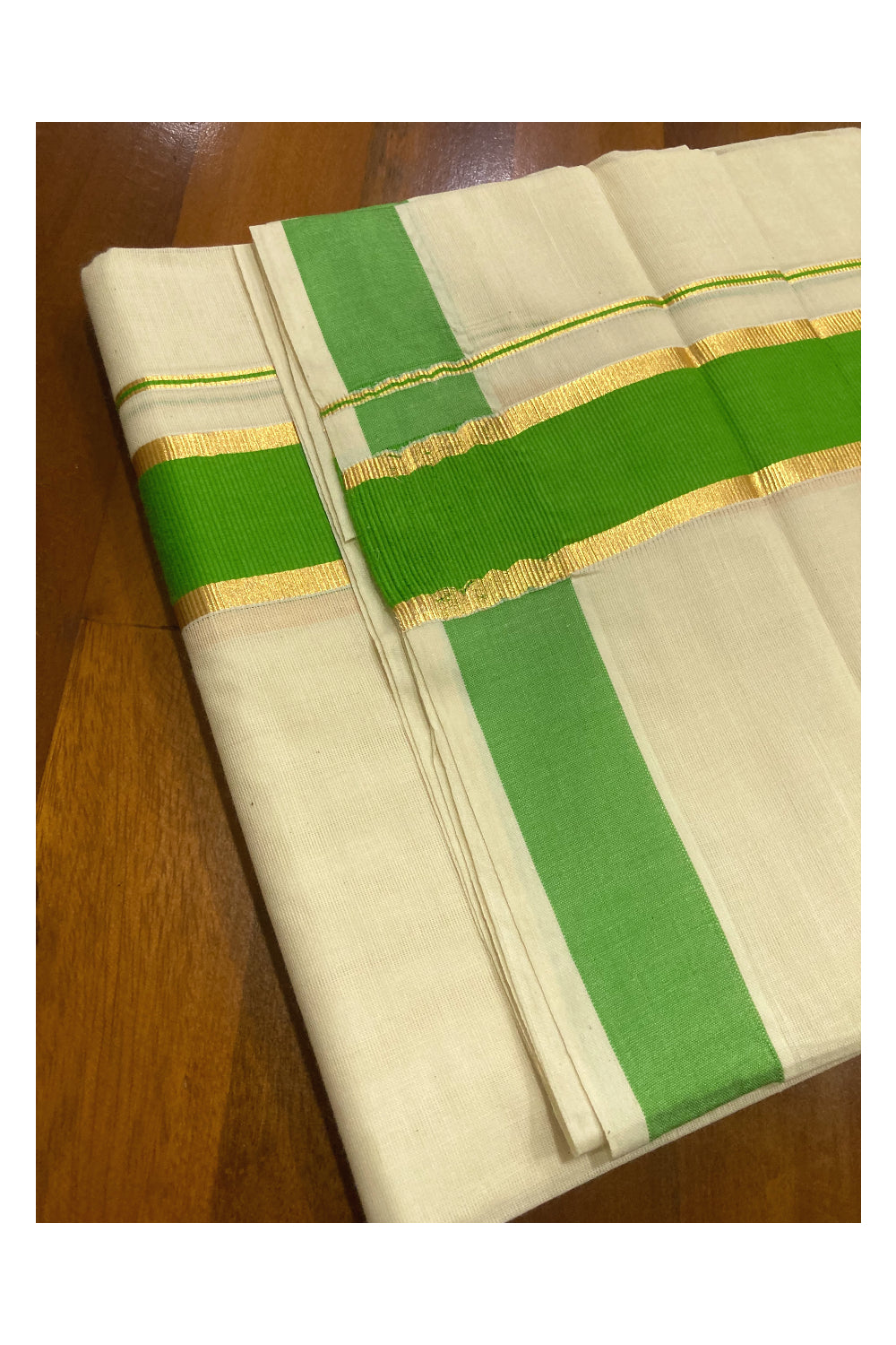 Off White Pure Cotton Double Mundu with Kasavu and Green Border (South Indian Dhoti)