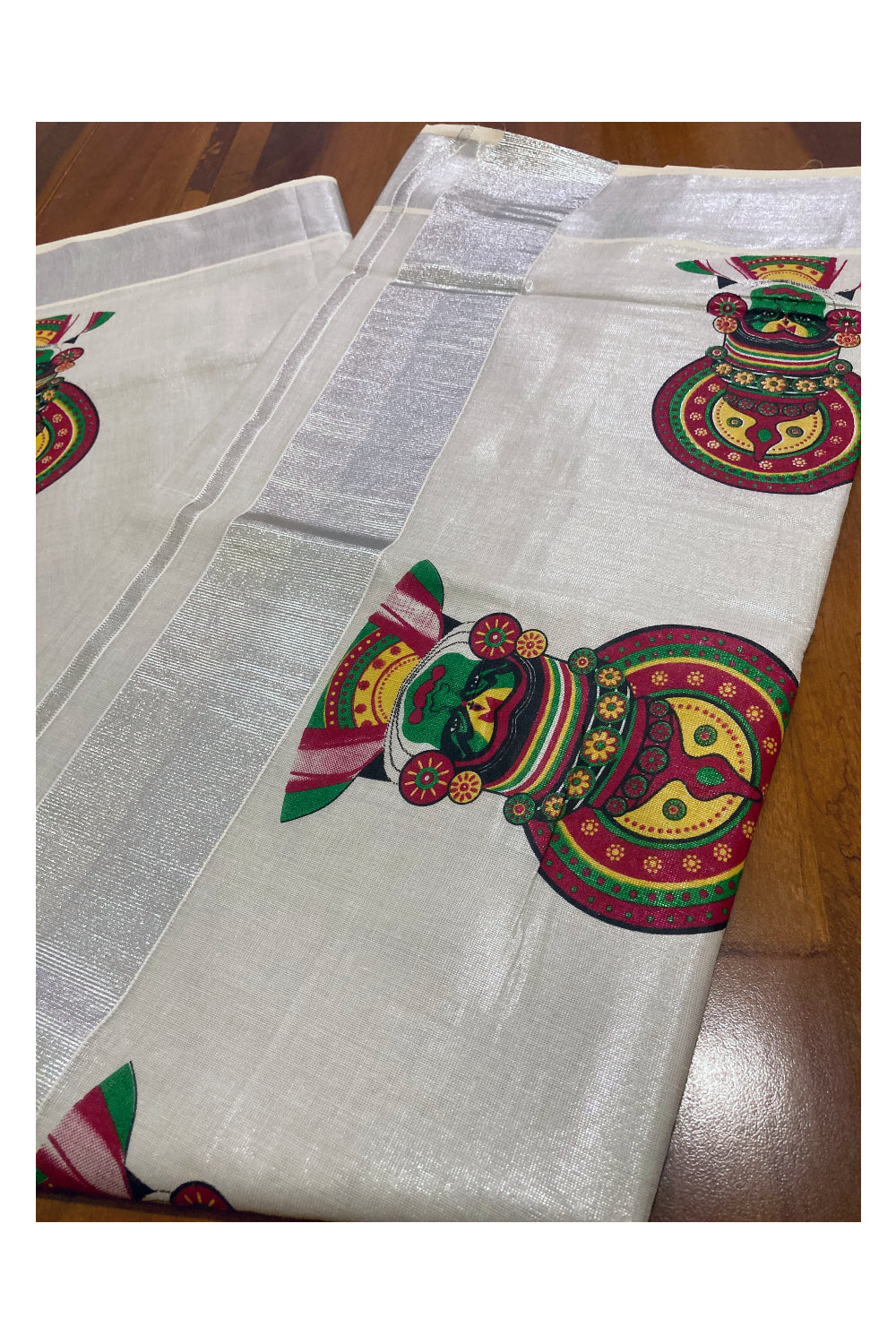 Kerala Silver Tissue Kasavu Saree with Kathakali Mural Prints