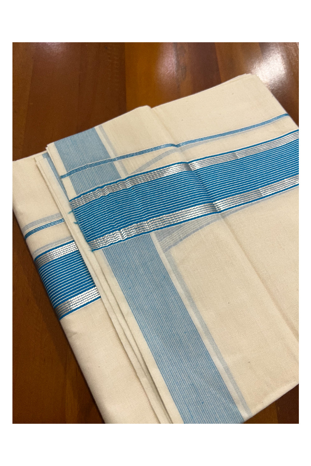 Off White Kerala Double Mundu with Silver Kasavu and Light Blue Border (South Indian Dhoti)