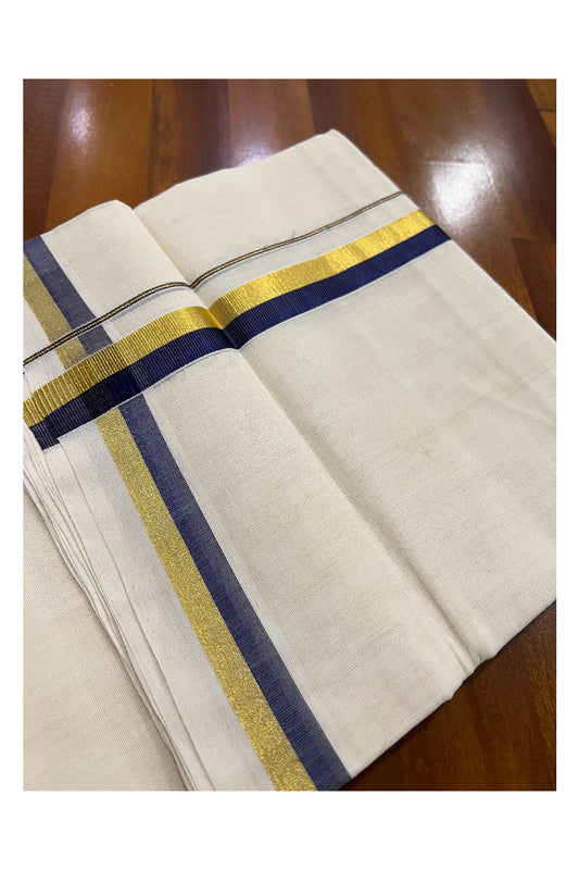 Southloom Balaramapuram Handloom Pure Cotton Mundu with Golden and Navy Blue Kasavu Border (South Indian Dhoti)