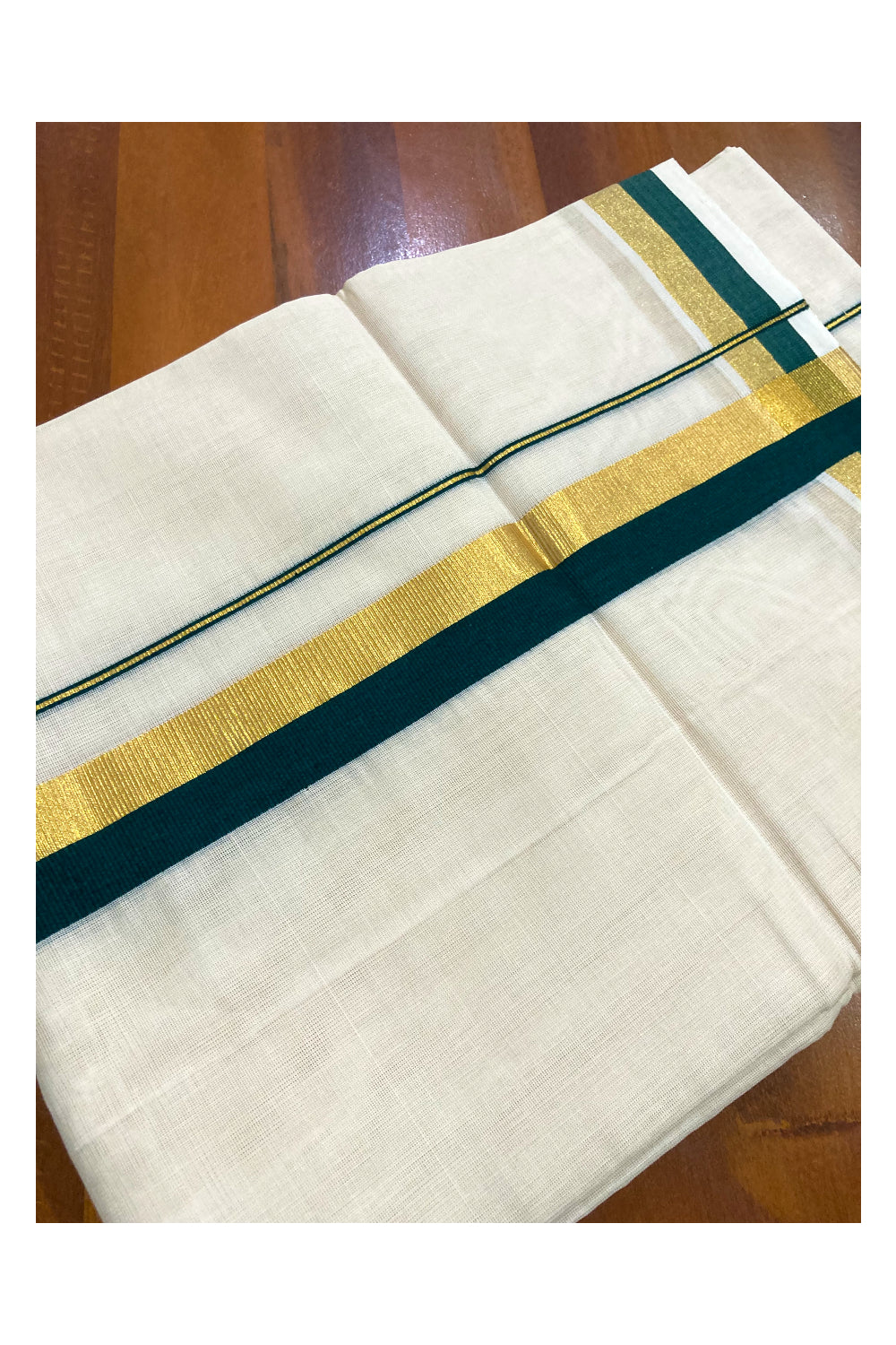 Southloom Premium Handloom Pure Cotton Mundu with Kasavu and Green Border (South Indian Dhoti)