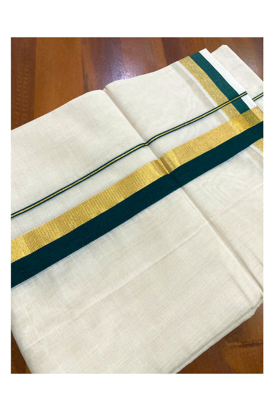 Southloom Premium Handloom Pure Cotton Mundu with Kasavu and Green Border (South Indian Dhoti)