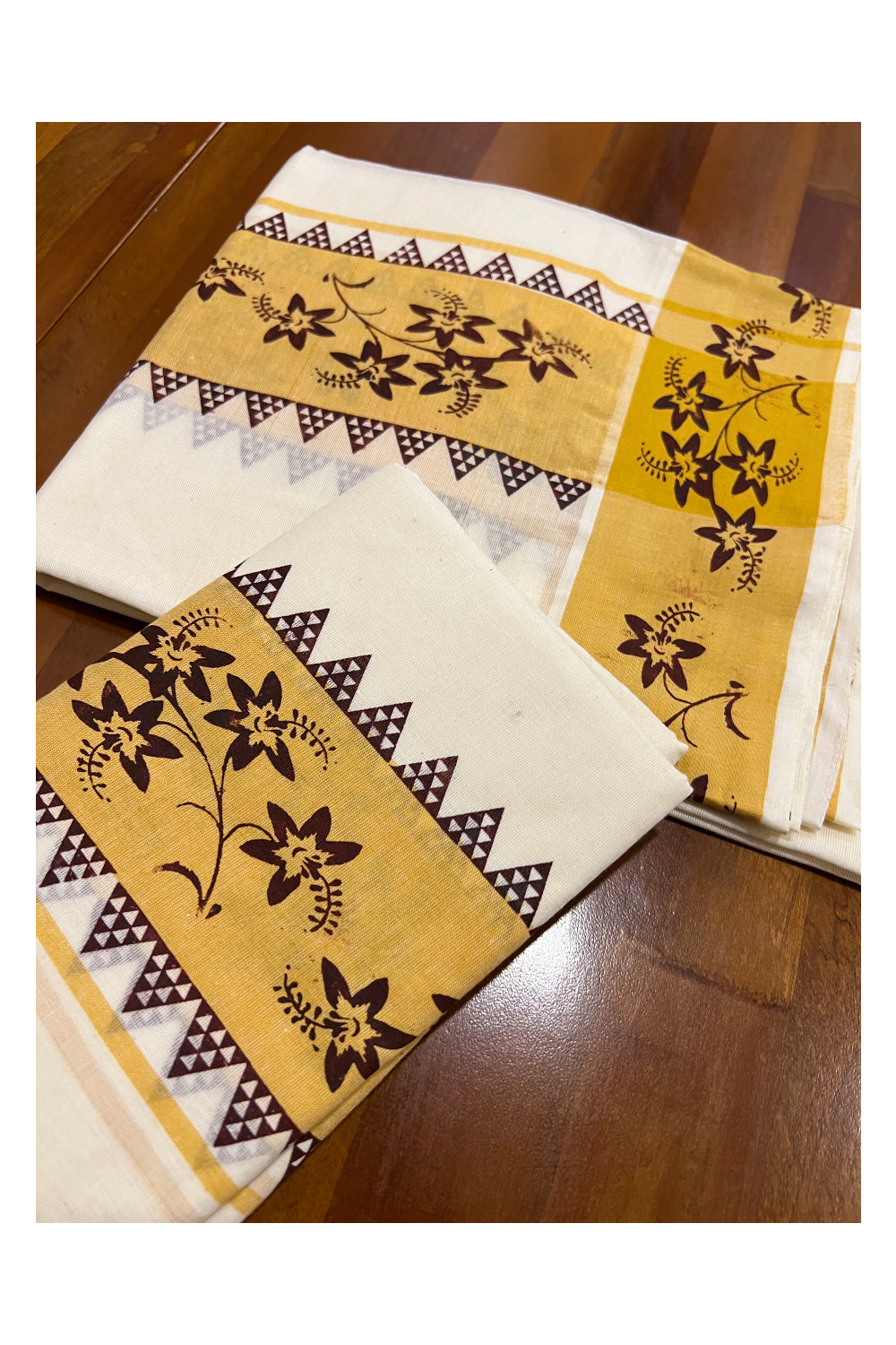 Kerala Cotton Set Mundu (Mundum Neriyathum) with Brown Floral Temple Block Prints on Yellow Border