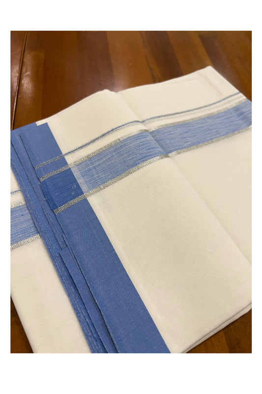 Pure White Kerala Cotton Double Mundu with Silver Kasavu and Blue Border (South Indian Dhoti)