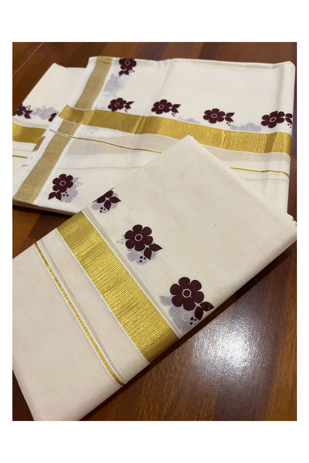 Kerala Cotton Kasavu Mundum Neriyathum Single (Set Mundu) with Brown Block Printed Border 2.80 Mtrs