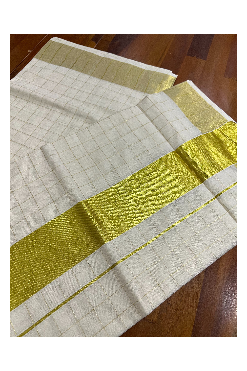 Pure Cotton Kerala Kasavu Big Check Design Saree with 3 inch Border