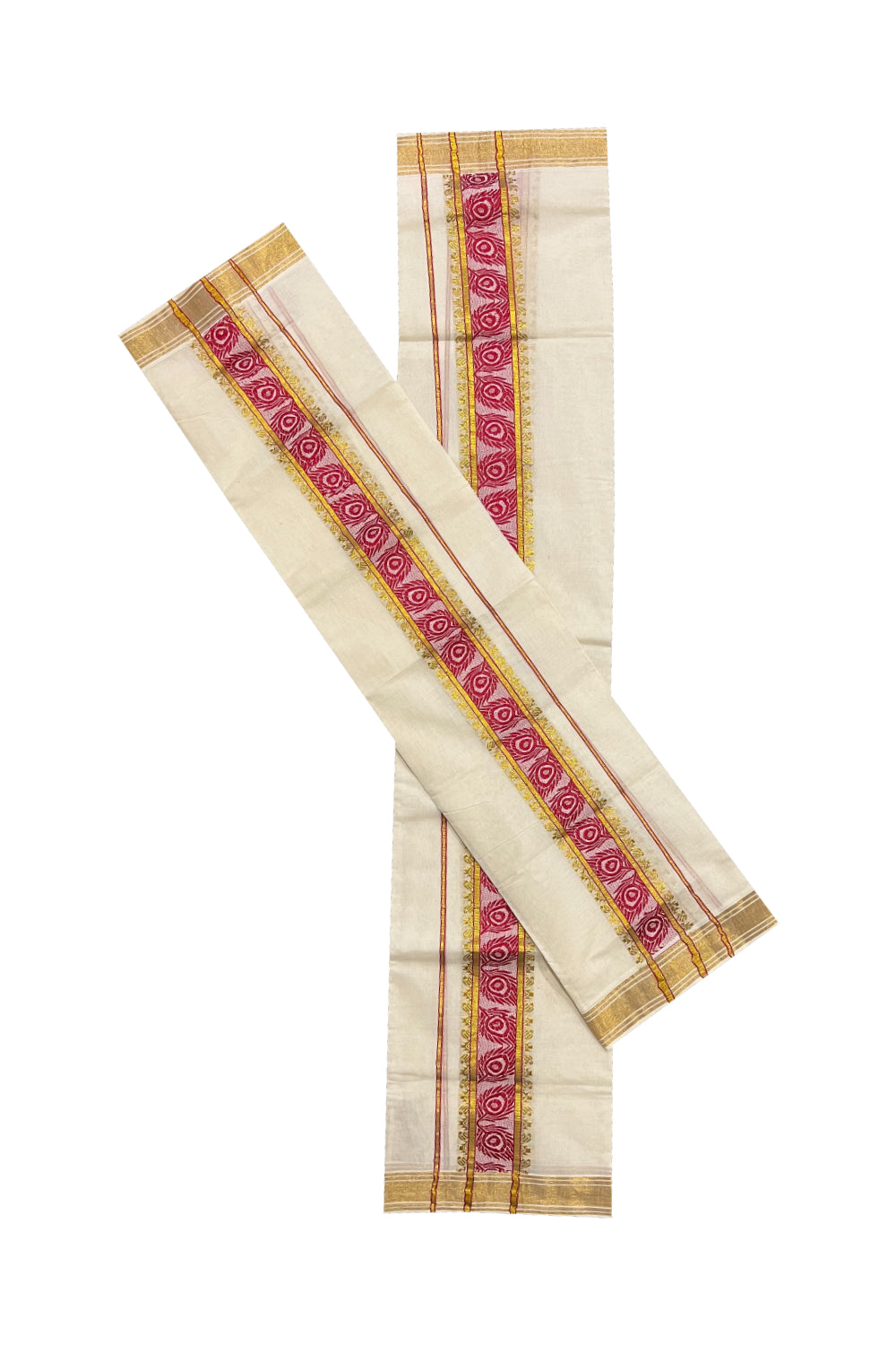 Kerala Cotton Set Mundu (Mundum Neriyathum) with Dark Red Feather Woven and Kasavu Border