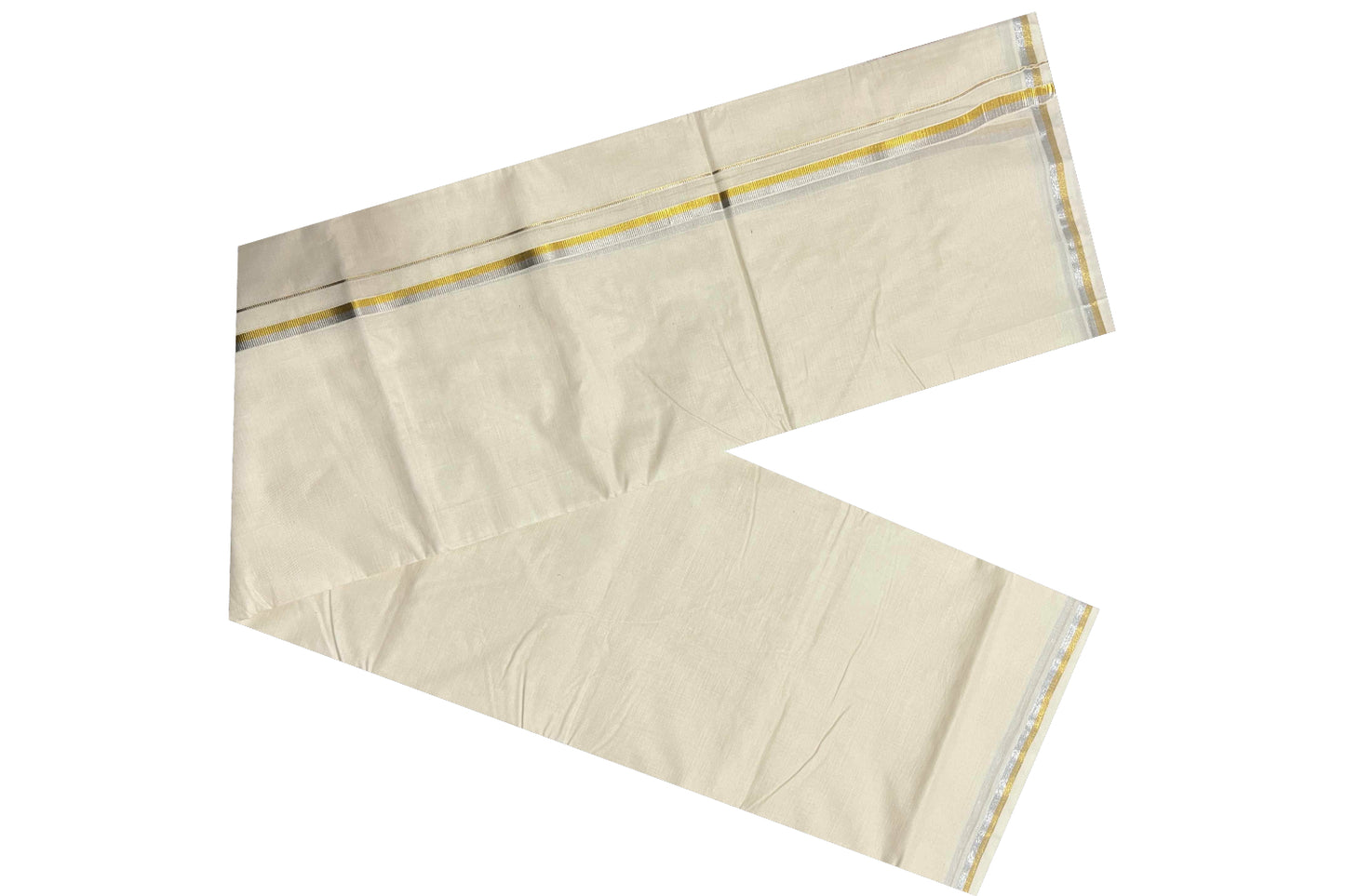 Off White Kerala Double Mundu with Silver and Golden Kasavu Border 0.5 inches (South Indian Dhoti)