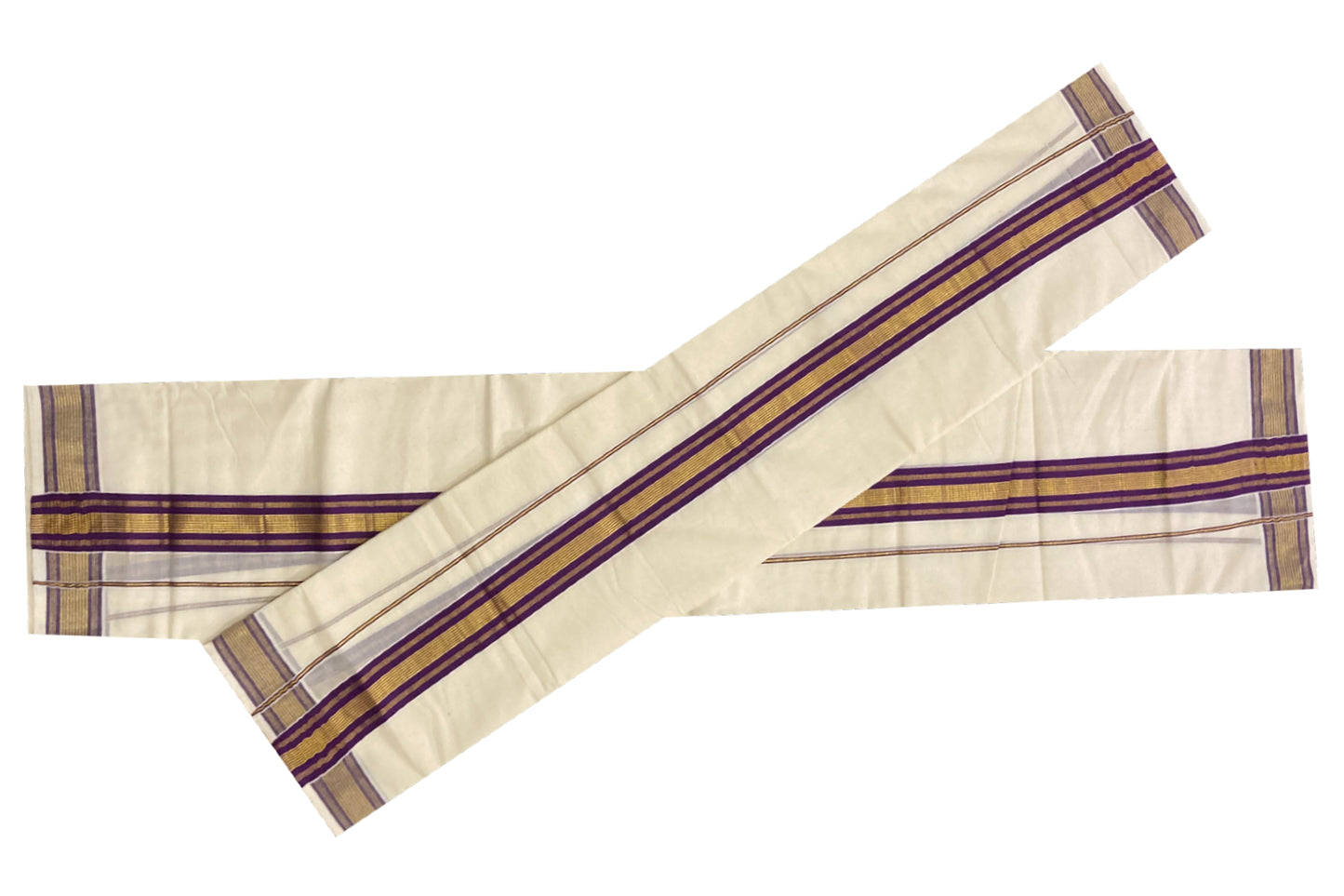 Kerala Cotton Mundum Neriyathum Double (Set Mundu) with Purple and Kasavu Border