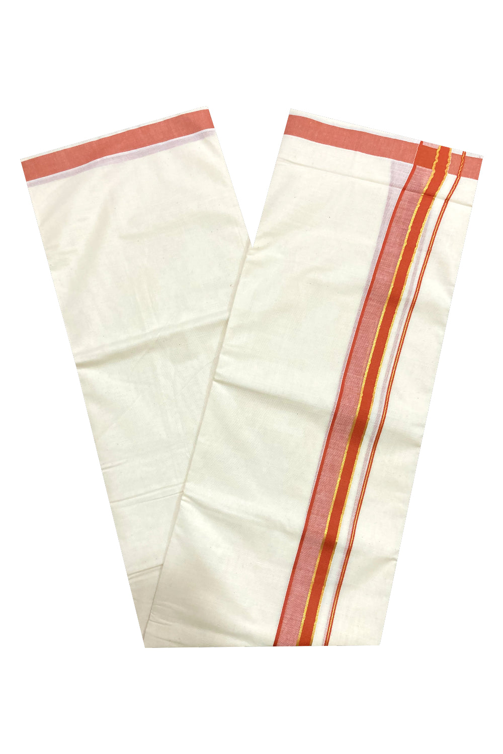 Pure Cotton Off White Double Mundu with Orange and Kasavu Border (South Indian Kerala Dhoti)