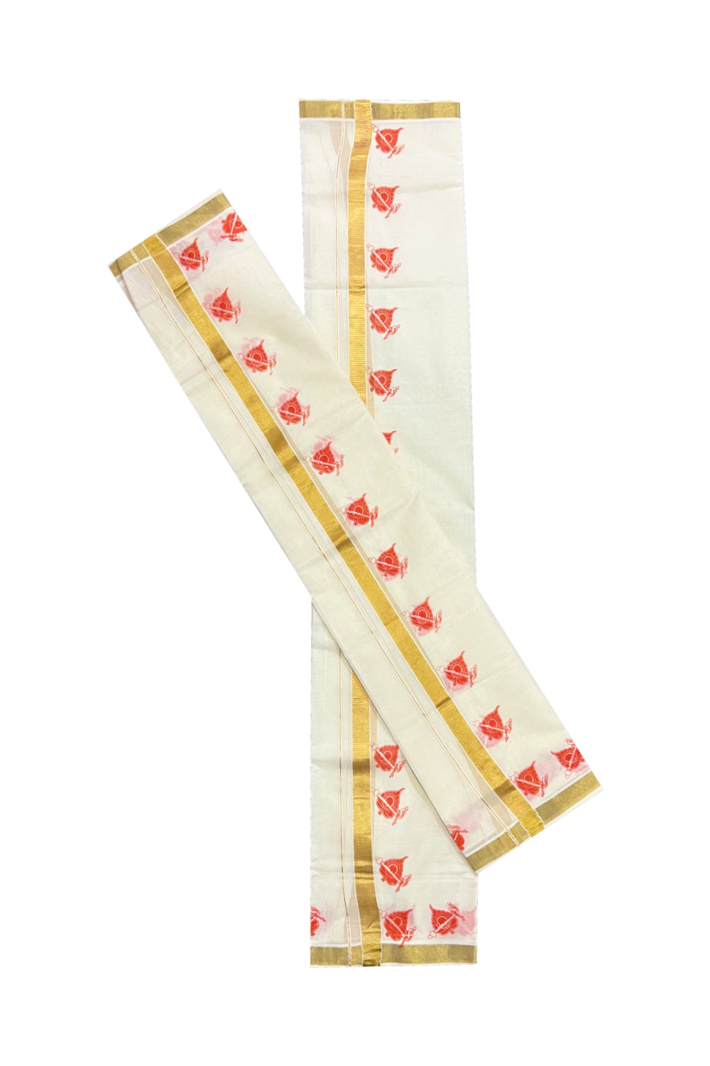 Kerala Cotton Kasavu Set Mundu (Mundum Neriyathum) with Orange Block Prints