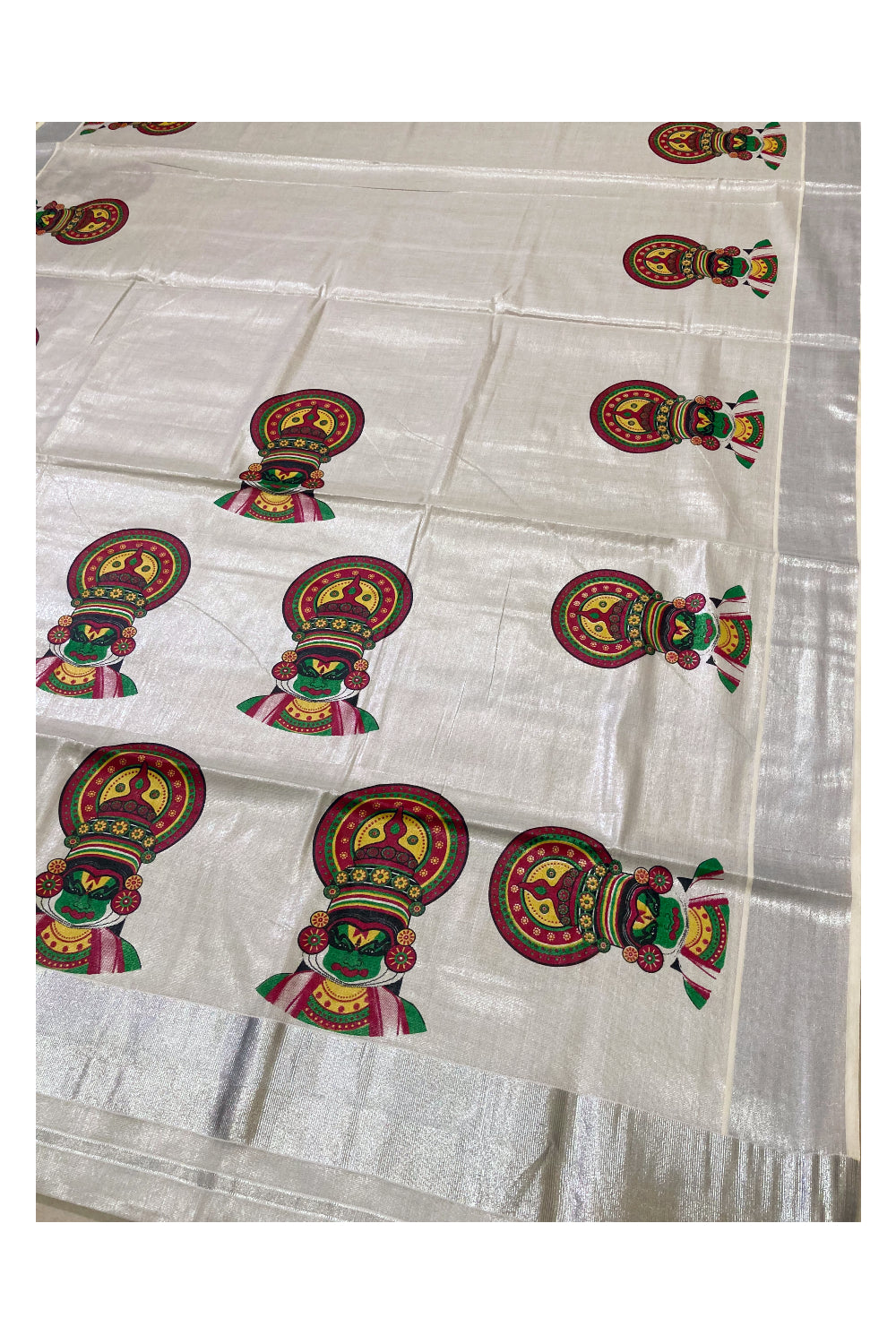 Kerala Silver Tissue Kasavu Saree with Kathakali Mural Prints