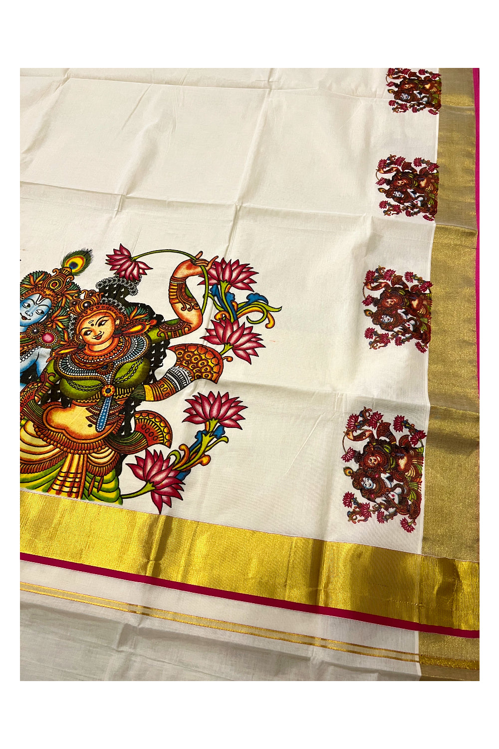 Kerala Pure Cotton Kasavu Saree with Mural Krishna Radha Printed and Magenta Border