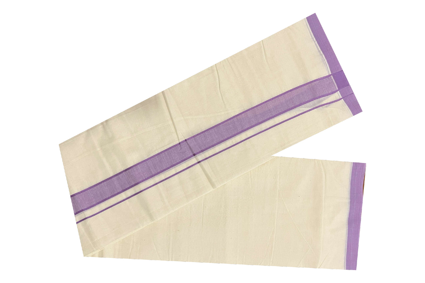 Off White Pure Cotton Double Mundu with Violet Kara (South Indian Dhoti)