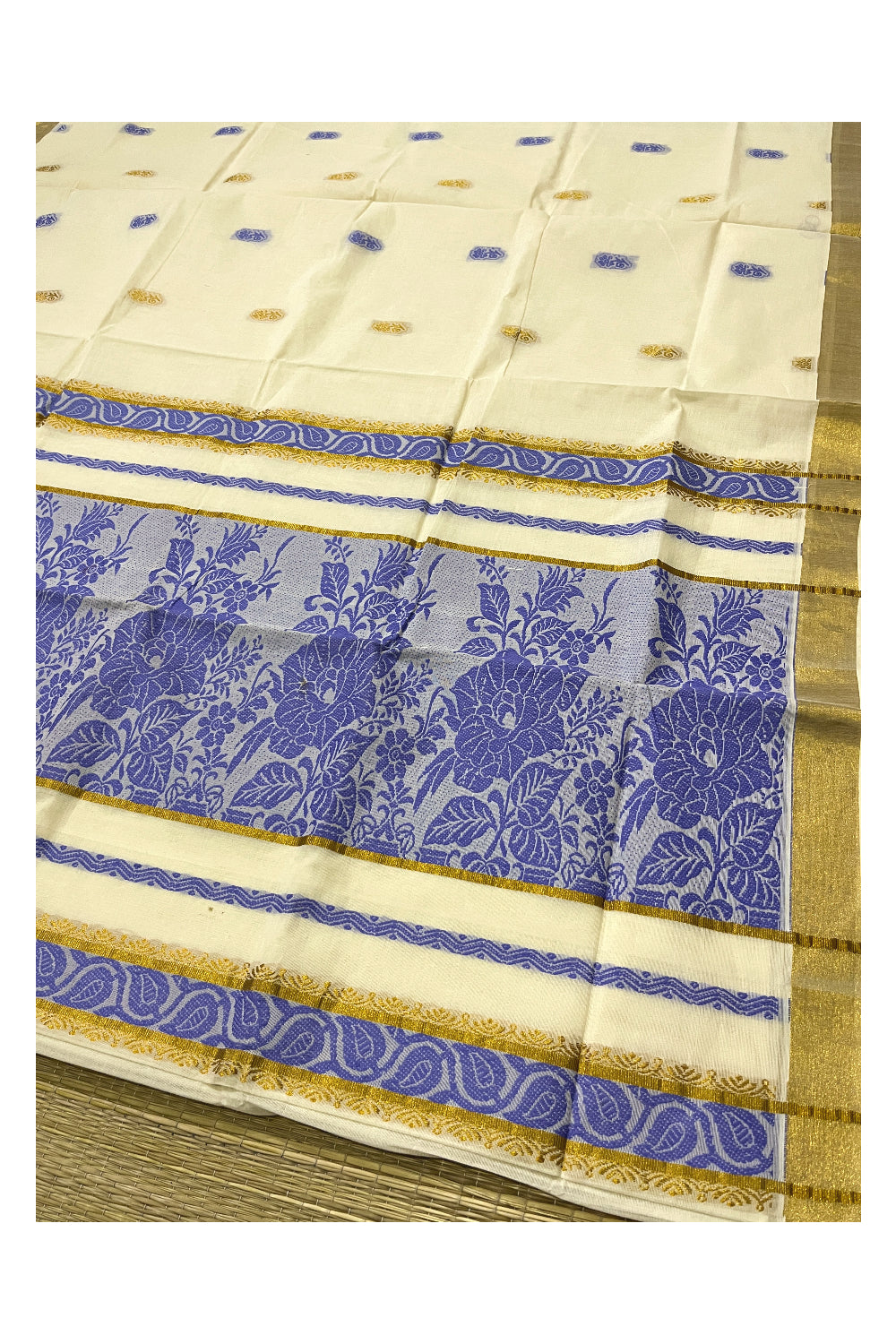 Pure Cotton Kerala Heavy Work Saree with Violet and Kasavu Design