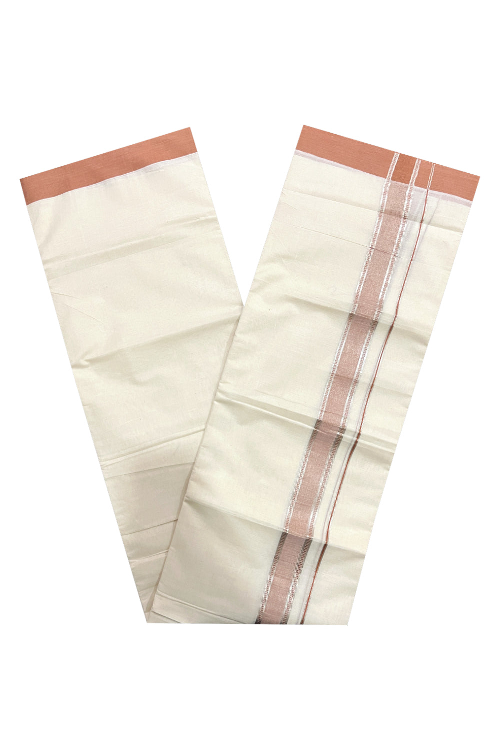 Pure Cotton Off White Double Mundu with Saffron and Silver Kara (South Indian Dhoti)