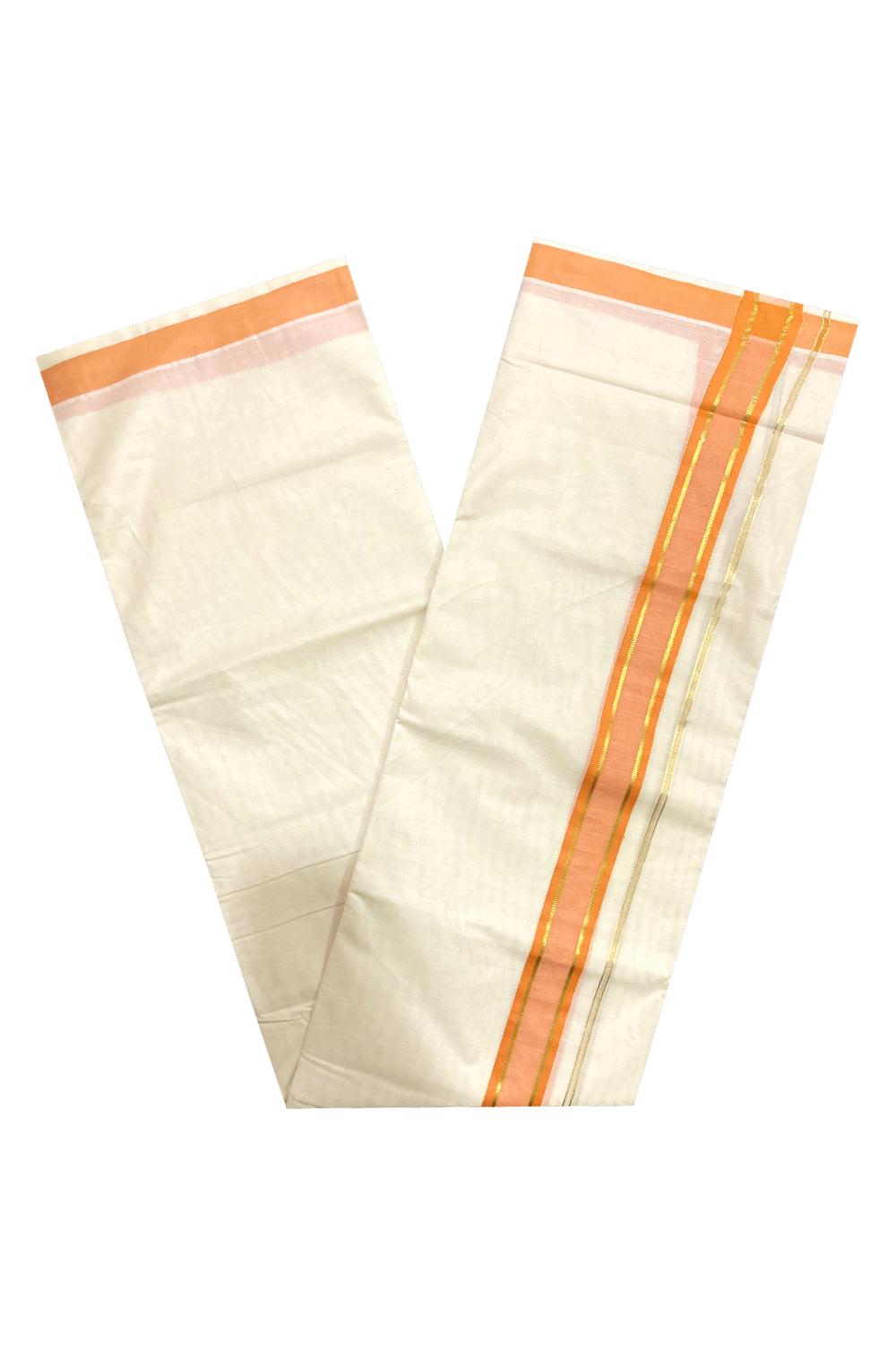 Off White Pure Cotton Double Mundu with Kasavu and Orange Border (South Indian Dhoti)