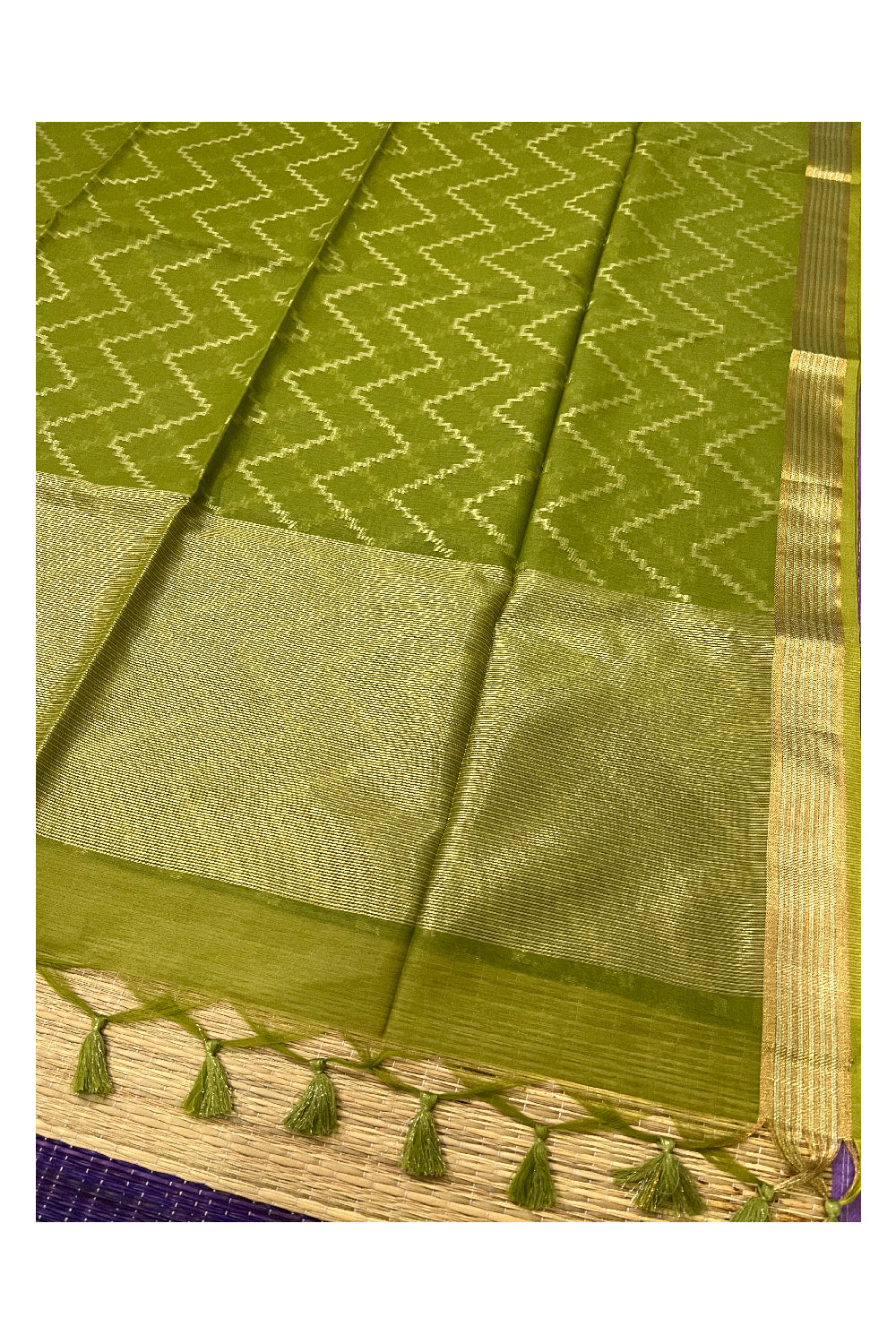 Southloom Light Green Semi Tussar Designer Saree With Kasavu Zig Zag Works on Body