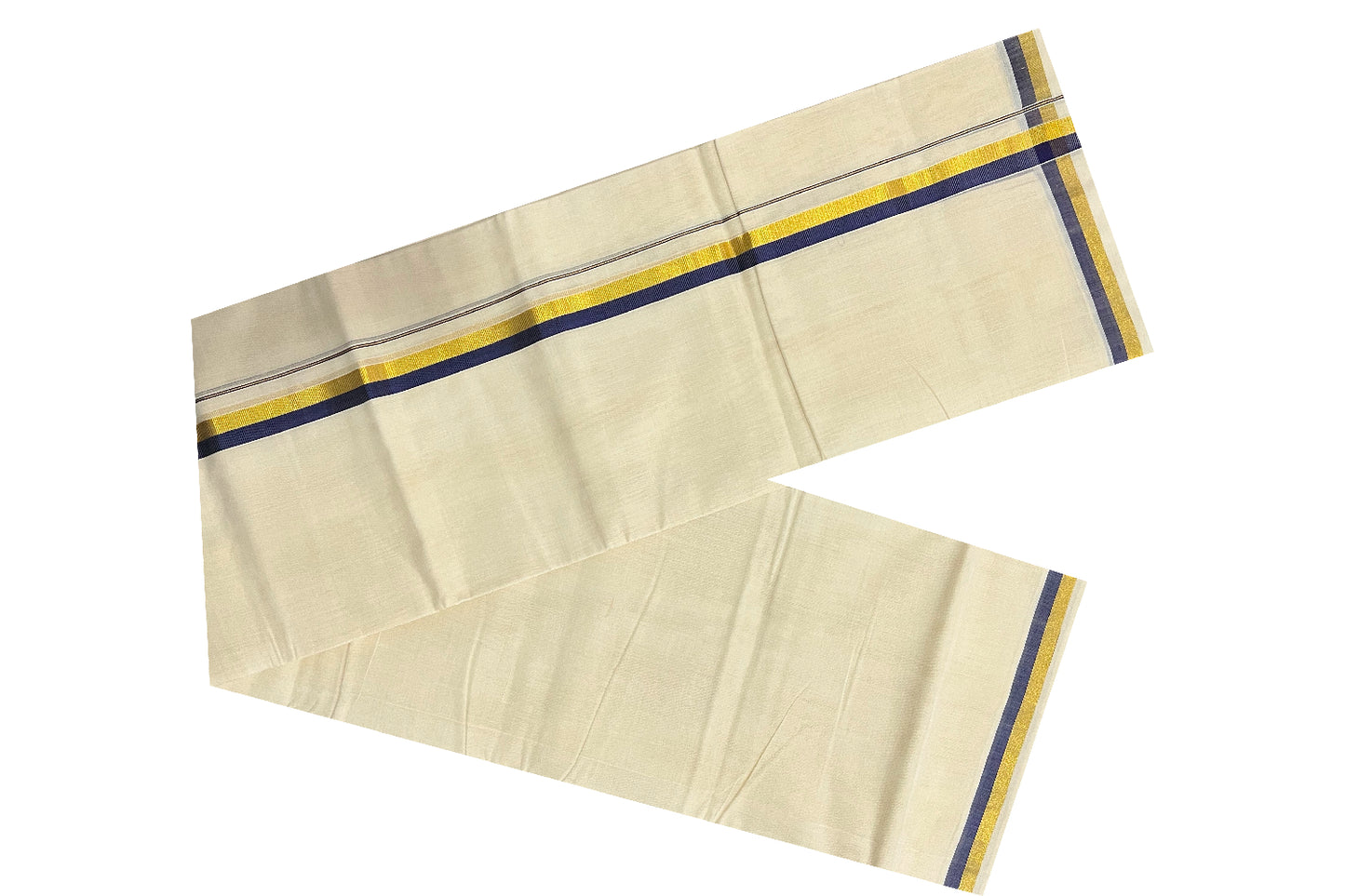 Southloom Balaramapuram Handloom Pure Cotton Mundu with Golden and Navy Blue Kasavu Border (South Indian Dhoti)