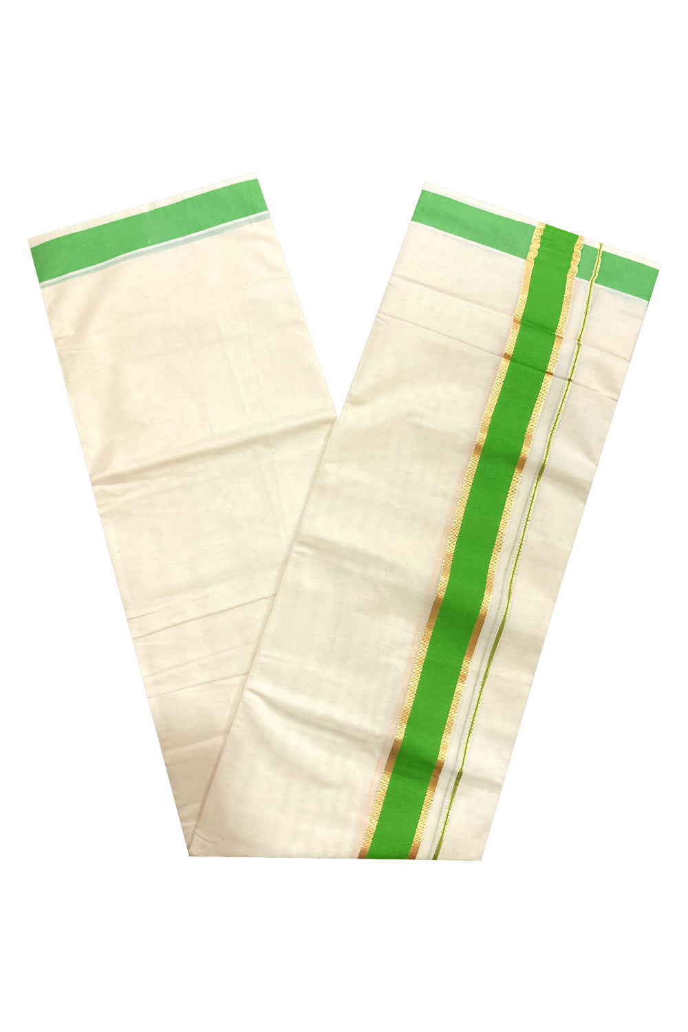 Off White Pure Cotton Double Mundu with Kasavu and Green Border (South Indian Dhoti)