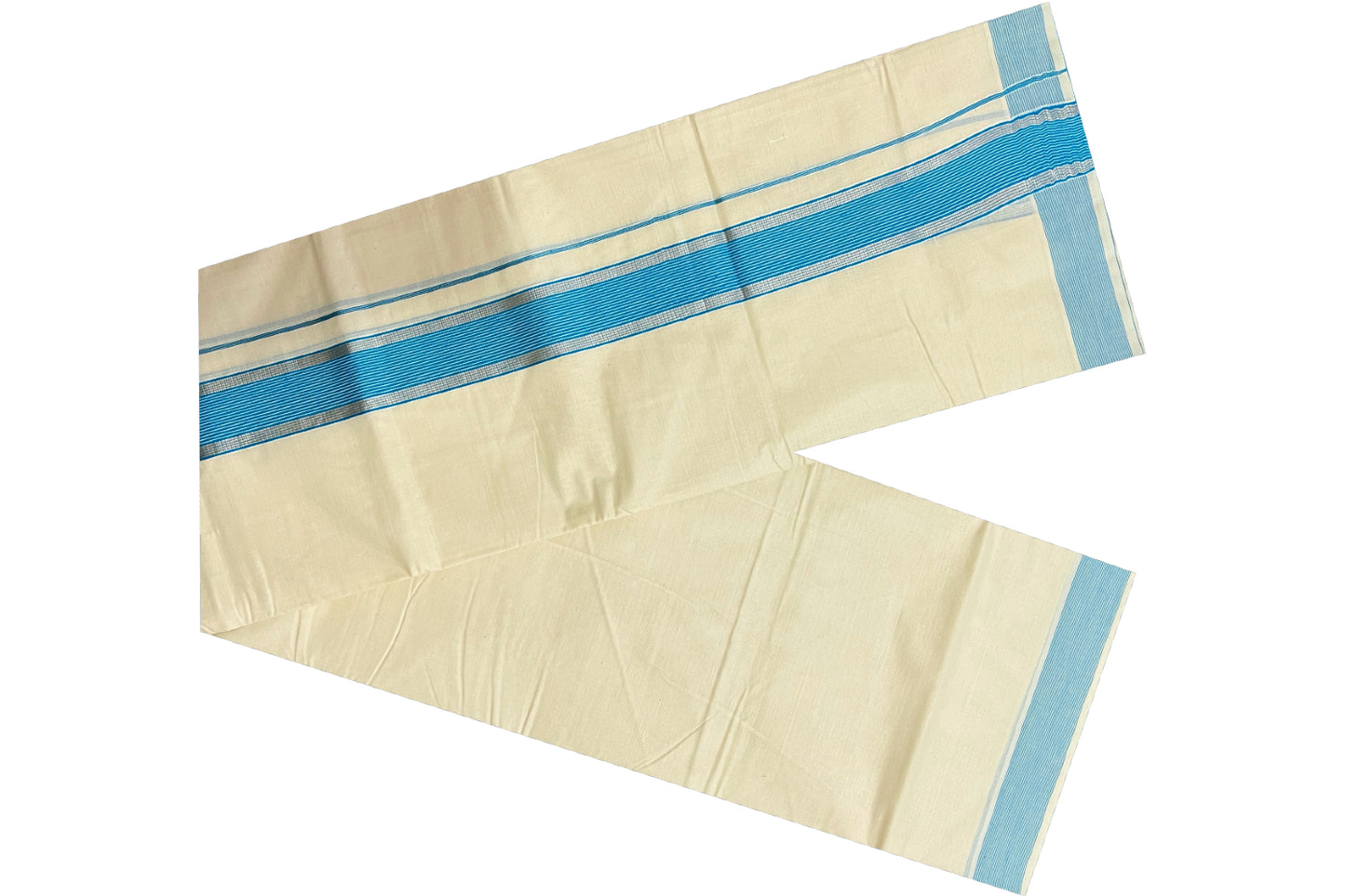 Off White Kerala Double Mundu with Silver Kasavu and Light Blue Border (South Indian Dhoti)