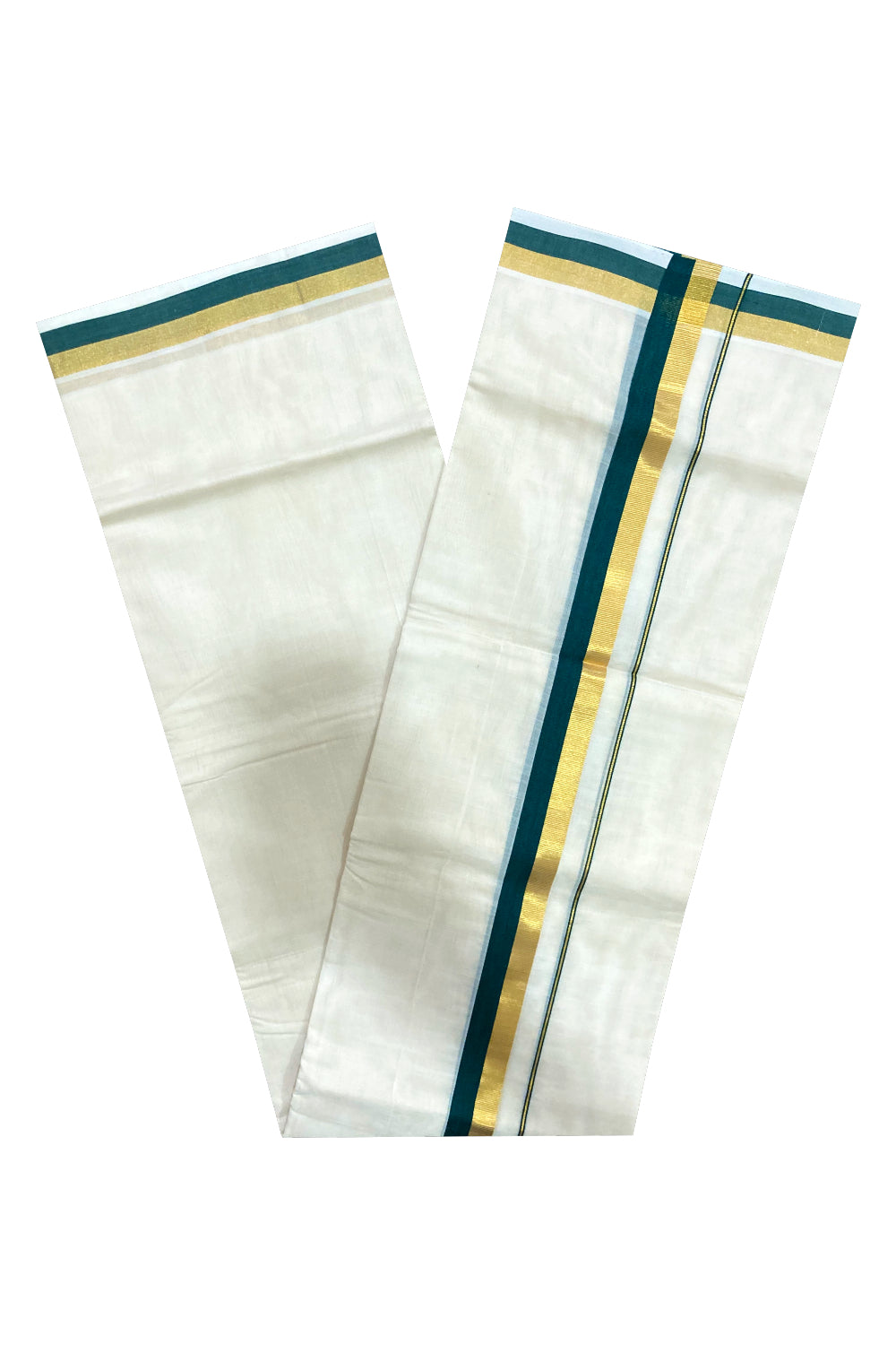 Southloom Premium Handloom Pure Cotton Mundu with Kasavu and Green Border (South Indian Dhoti)