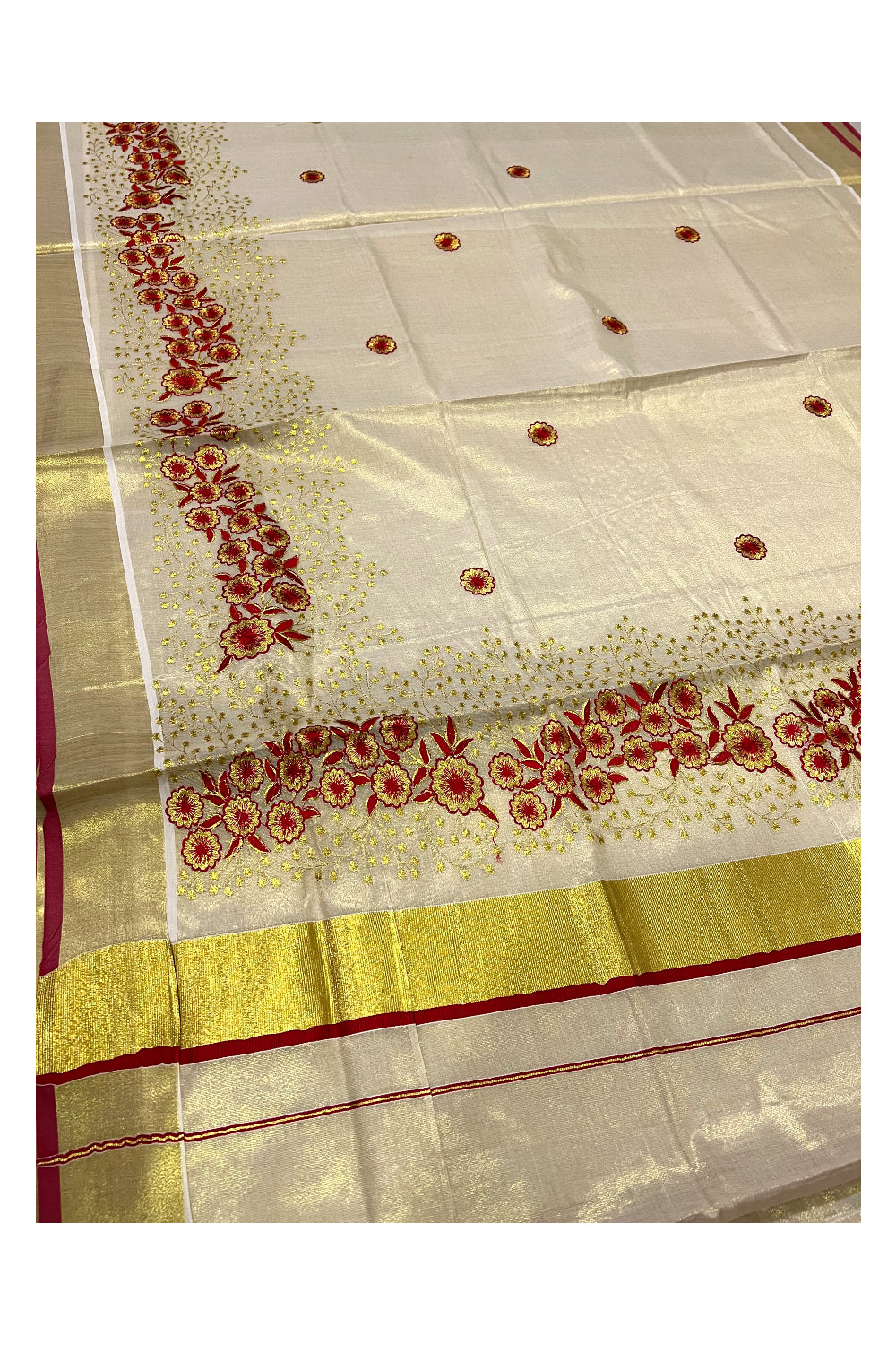 Kerala Tissue Kasavu Heavy Work Saree with Golden and Red Floral Embroidery Design