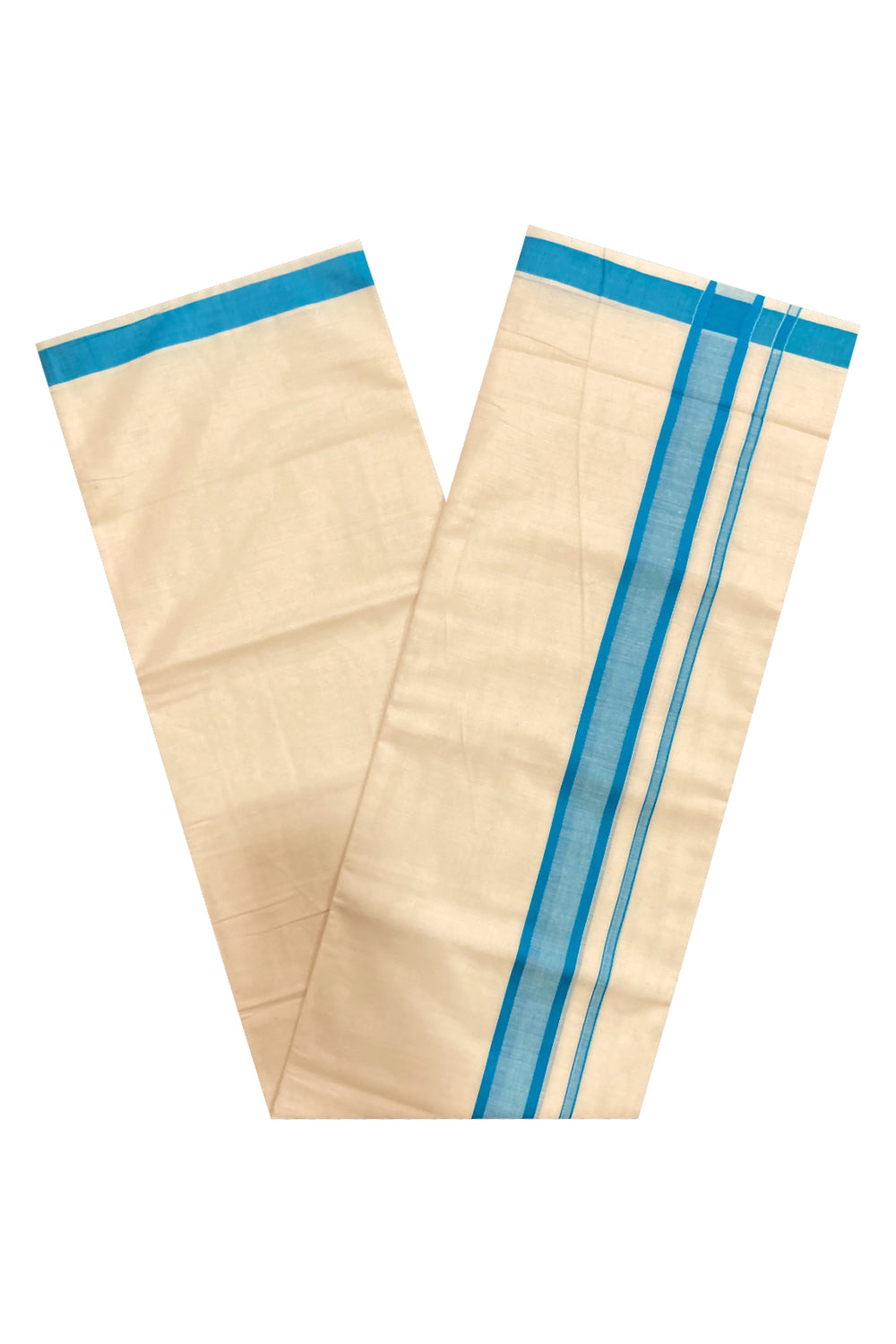 Off White Pure Cotton Double Mundu with Blue Border (South Indian Kerala Dhoti)