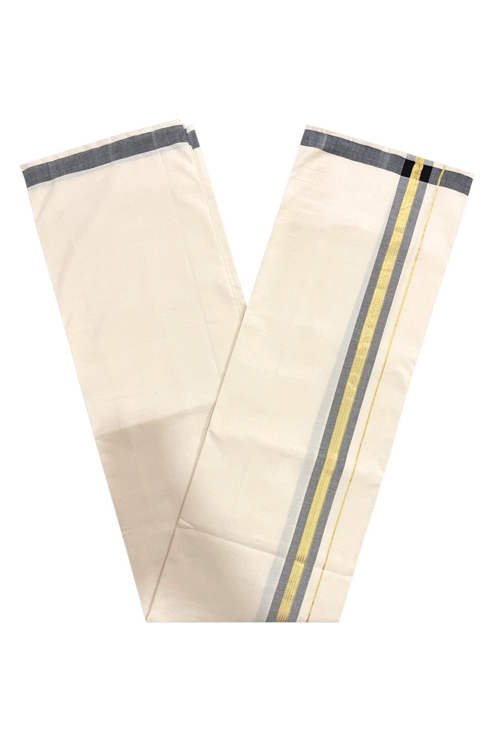 Southloom Balaramapuram Handloom Off White SINGLE Mundu (Otta Mundu) with Black and Kasavu Border (South Indian Dhoti)