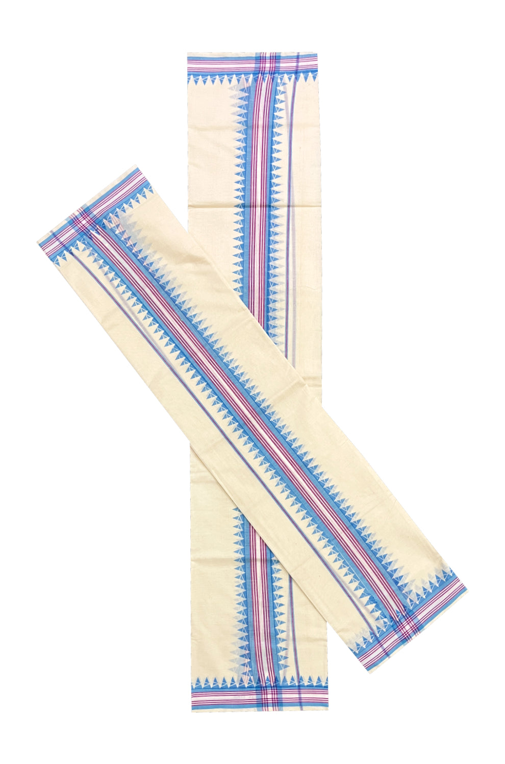 Kerala Cotton Mulloth Mundum Neriyathum Single (Set Mundu) with Light Blue Temple Block Prints on Border (Extra Soft Cotton)