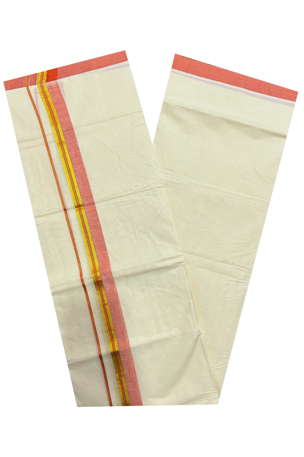 Pure Cotton Off White Double Mundu with Orange and Kasavu Border (South Indian Dhoti)