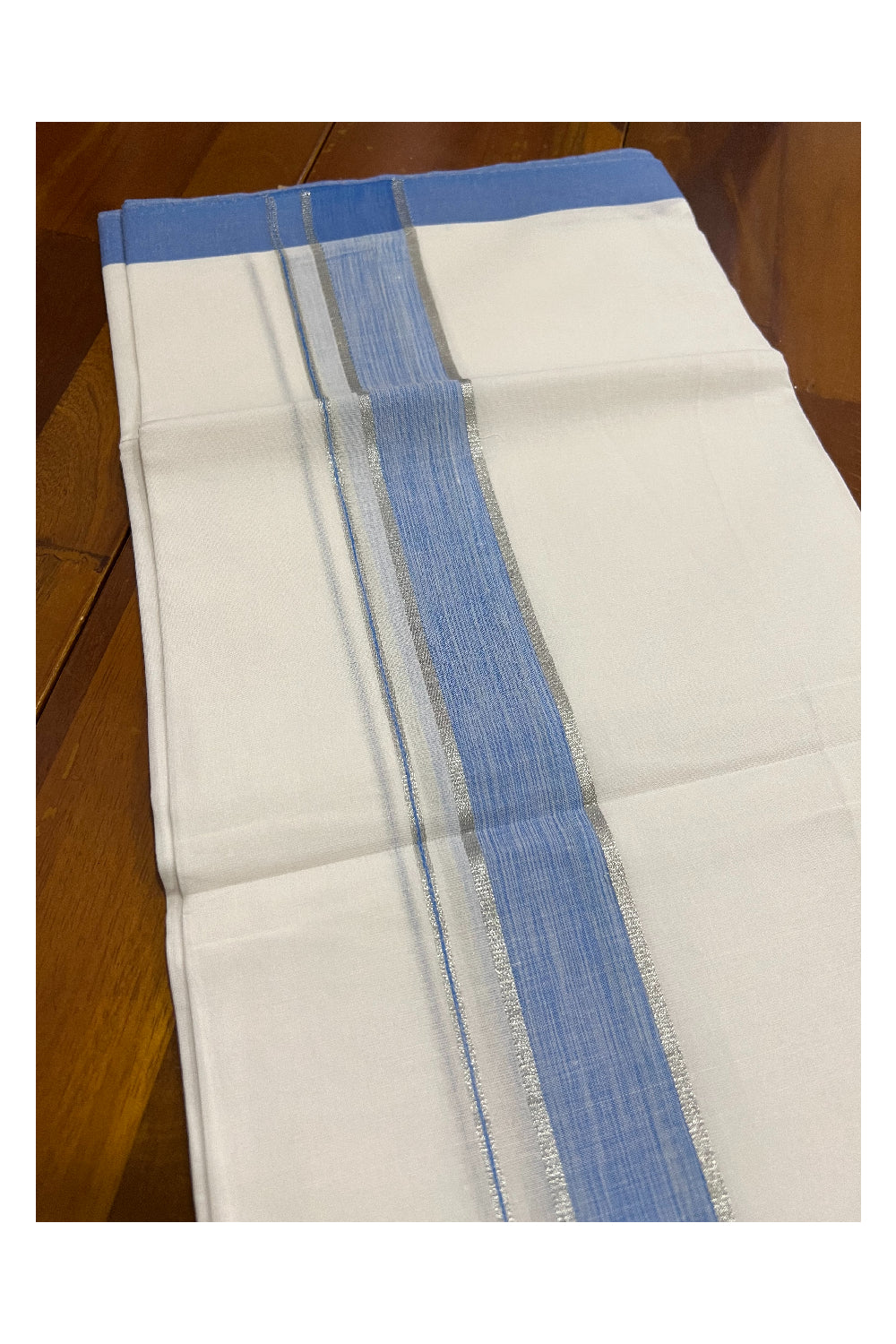 Pure White Kerala Cotton Double Mundu with Silver Kasavu and Blue Border (South Indian Dhoti)