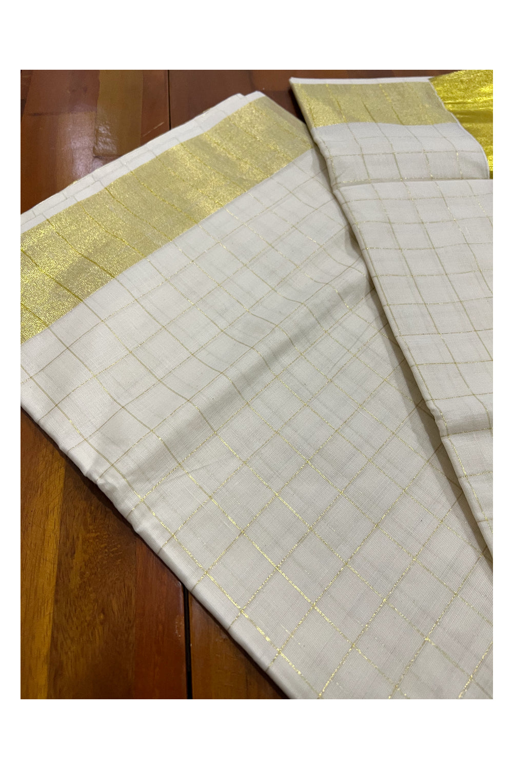 Pure Cotton Kerala Kasavu Big Check Design Saree with 3 inch Border