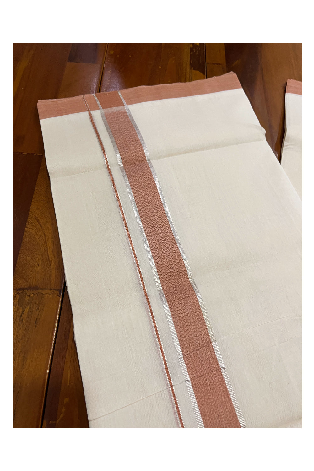 Southloom Premium Unakkupaavu Handloom Mundu with Silver Kasavu and Brick Red Border (South Indian Kerala Dhoti)