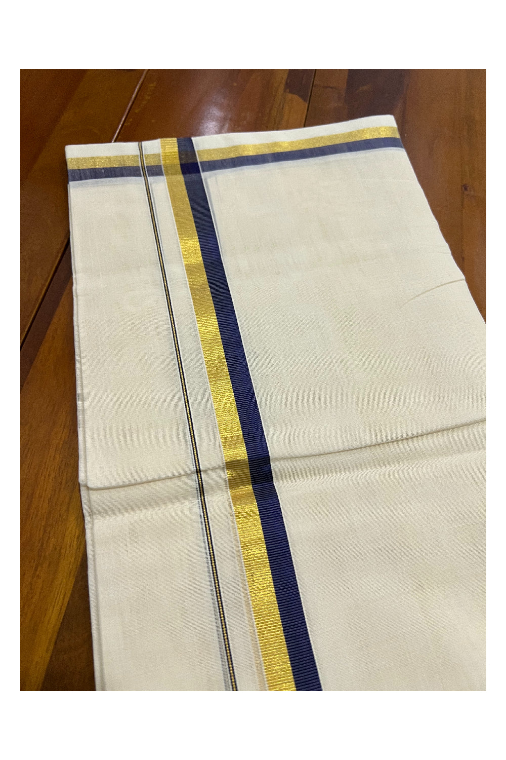 Southloom Balaramapuram Handloom Pure Cotton Mundu with Golden and Navy Blue Kasavu Border (South Indian Dhoti)