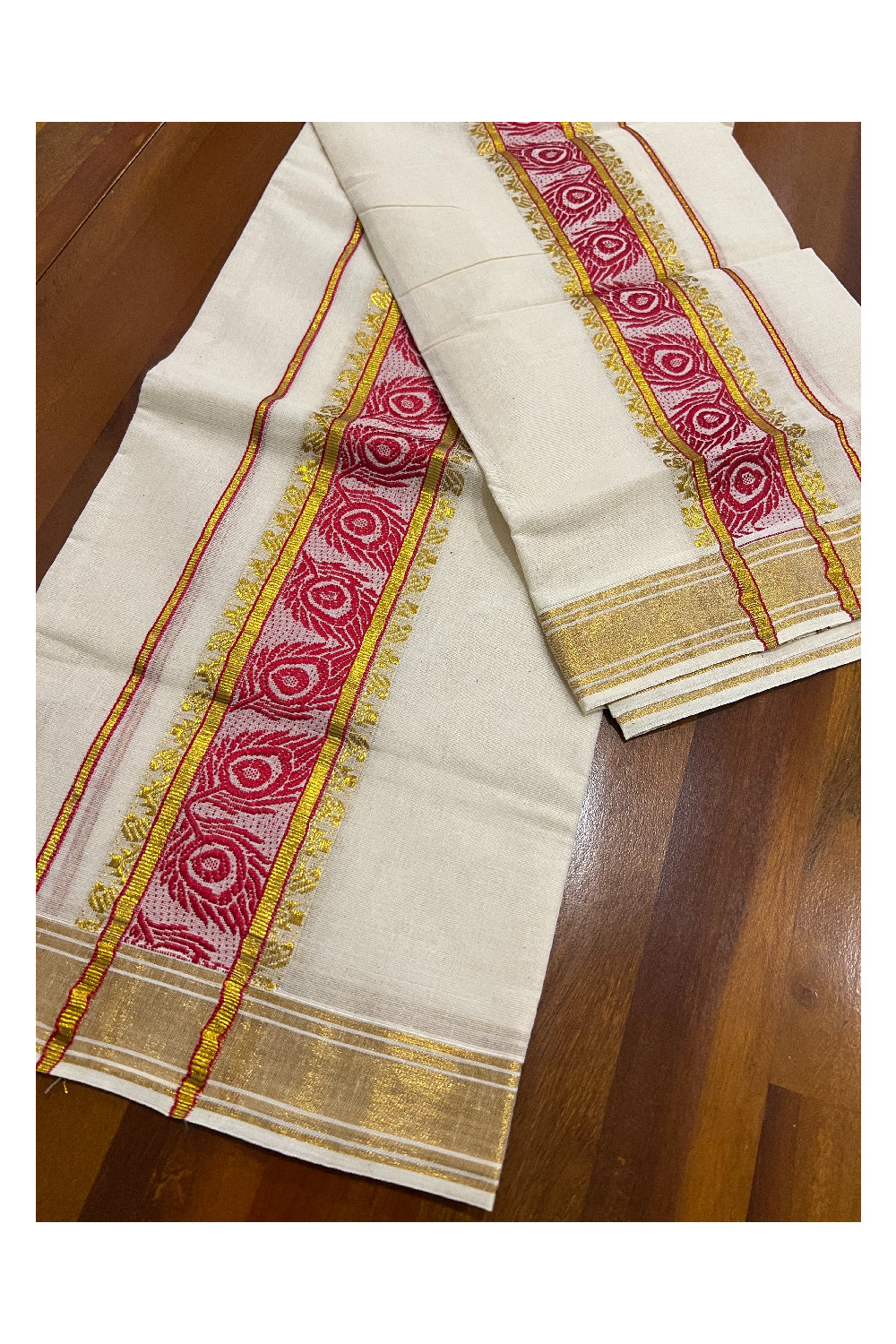 Kerala Cotton Set Mundu (Mundum Neriyathum) with Dark Red Feather Woven and Kasavu Border