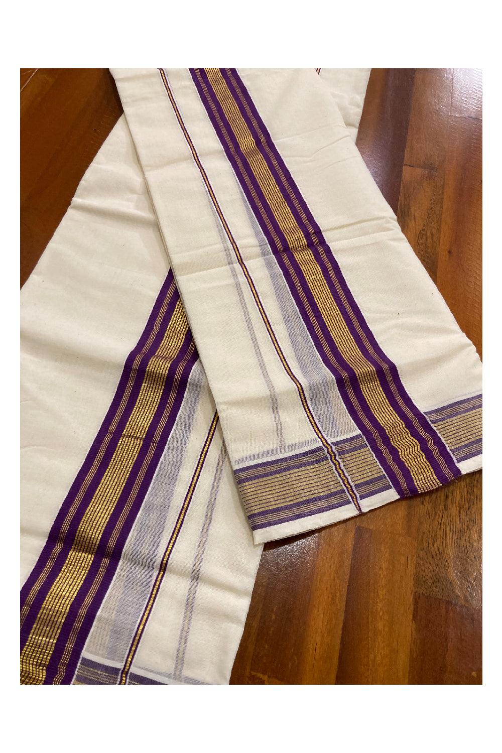 Kerala Cotton Mundum Neriyathum Double (Set Mundu) with Purple and Kasavu Border