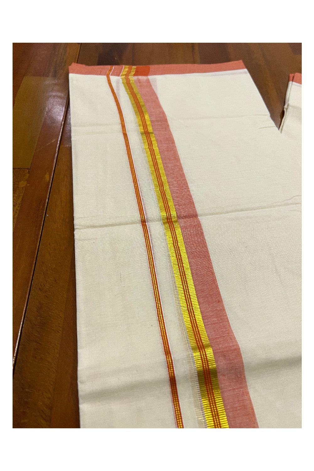 Pure Cotton Off White Double Mundu with Orange and Kasavu Border (South Indian Dhoti)