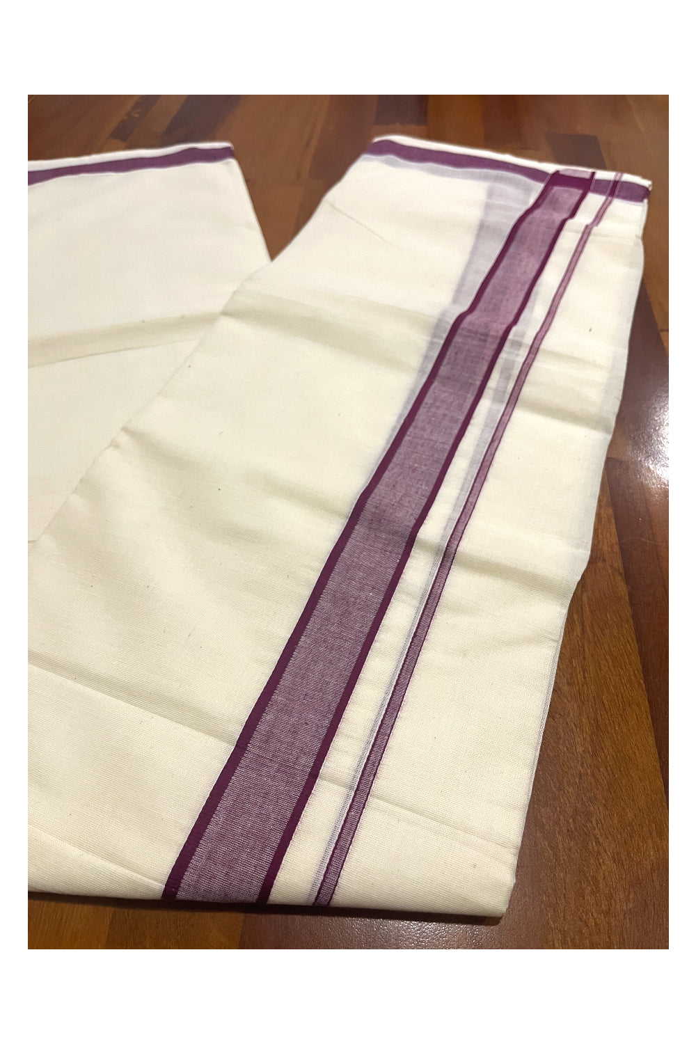 Pure Cotton Off White Double Mundu with Maroon Border (South Indian Dhoti)